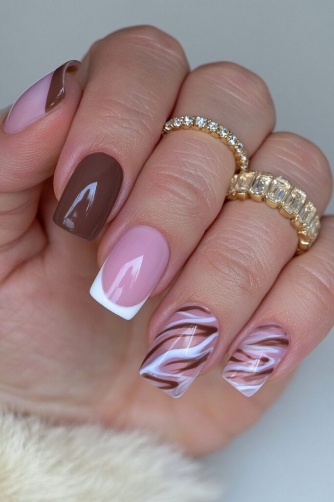 Cream white brown stripe nails