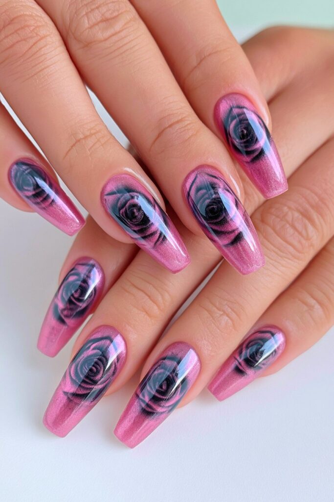 Crushed velvet rose cat-eye nails