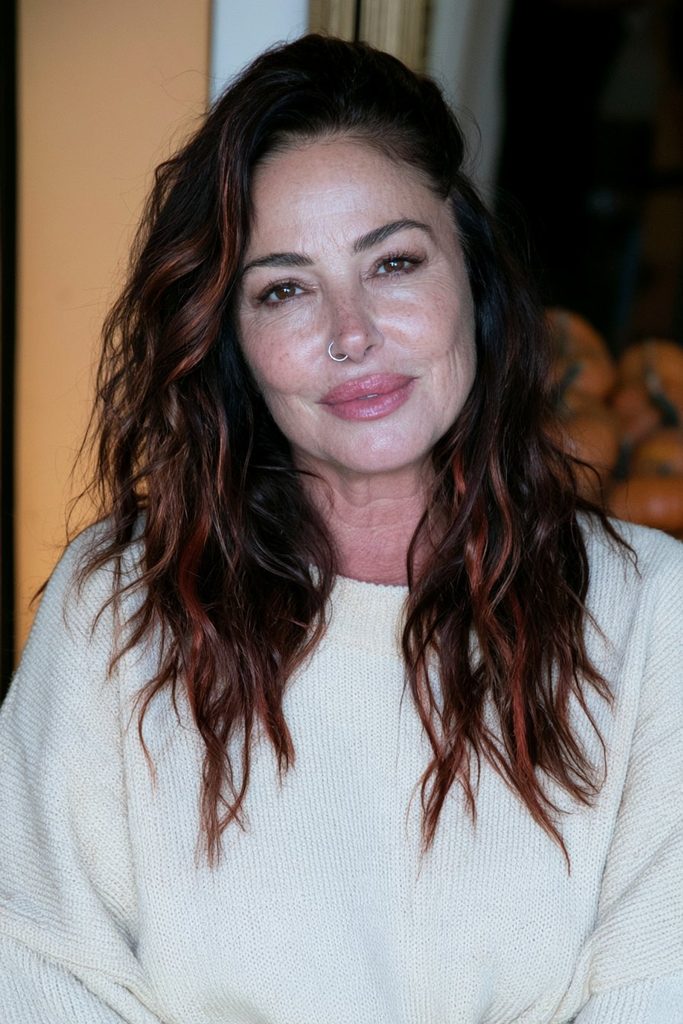 Curled half-up with copper hair streaks