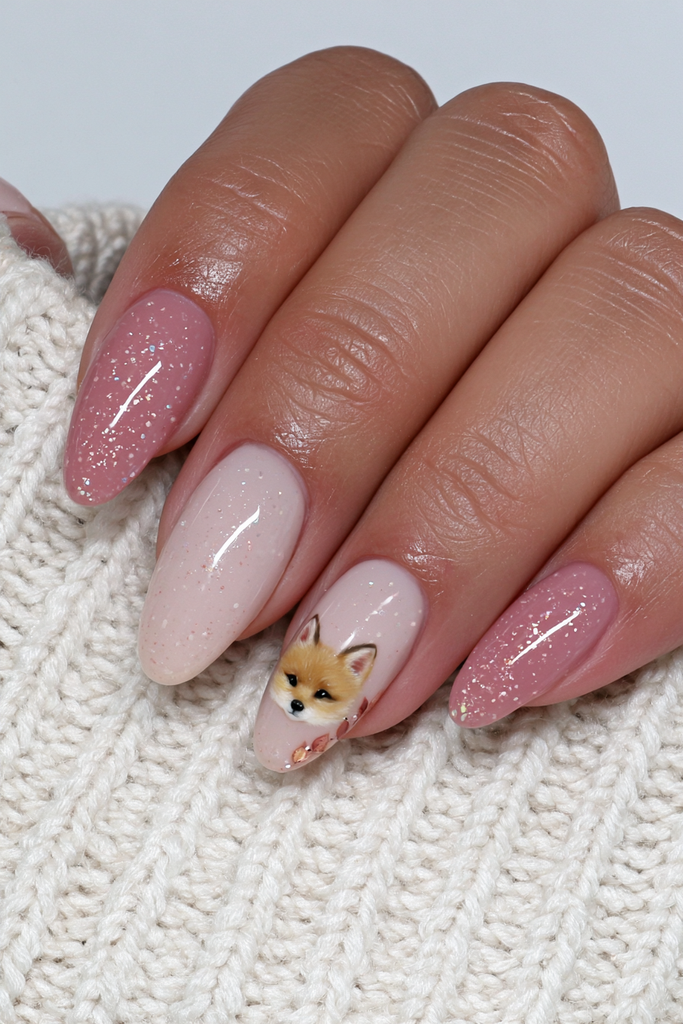 Cute fox accent nail with warm autumn Thanksgiving colors