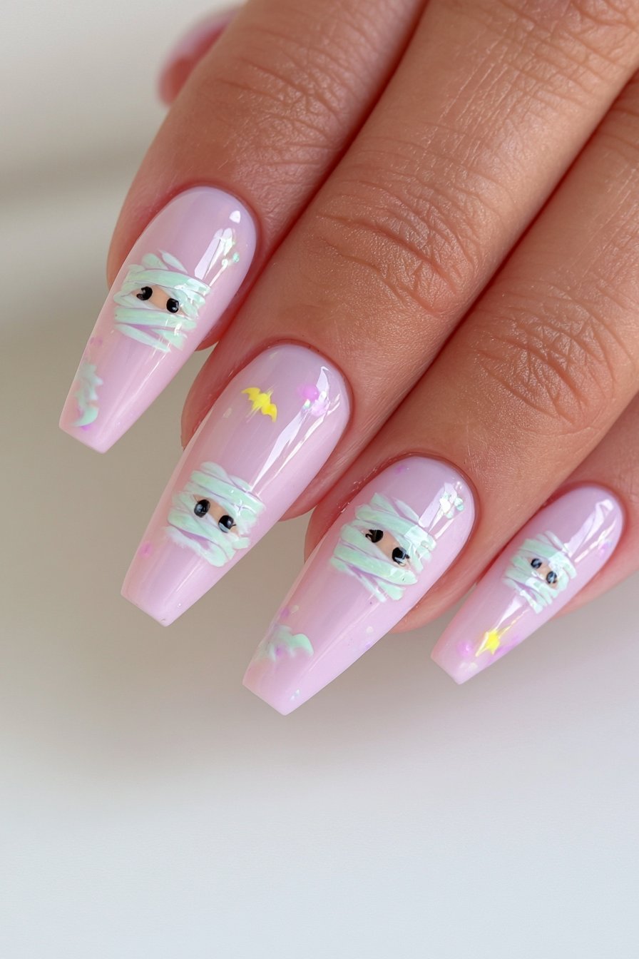 20 Pink Halloween Nails For This Spooky Season 1 Cute Mummy Nails in Pink
