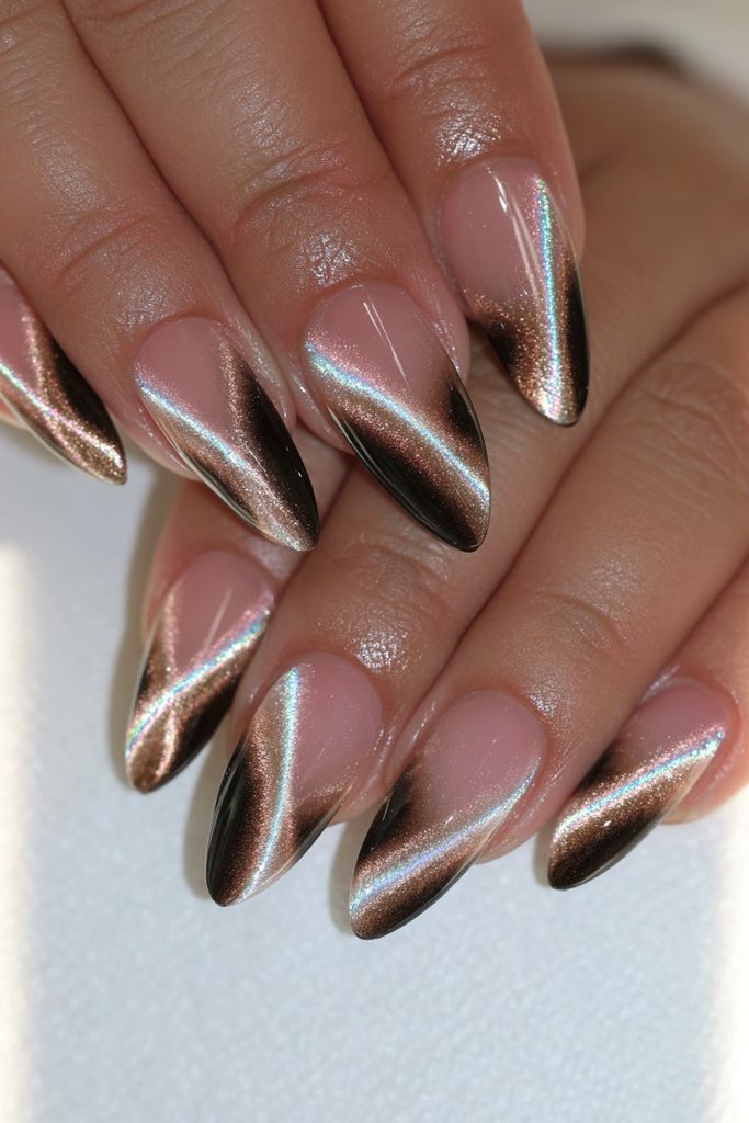 Dark chocolate cat-eye nails with deep magnetic shimmer