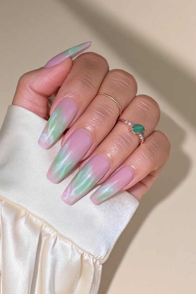 Dark chocolate moss green swirl nails
