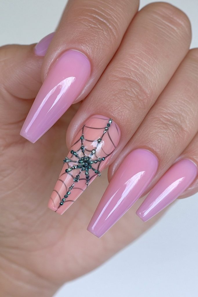 20 Pink Halloween Nails For This Spooky Season 20 Deep pink black rhinestone web nails