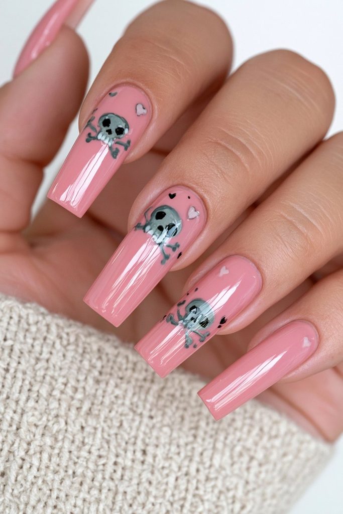 20 Pink Halloween Nails For This Spooky Season 8 Deep pink black skull nails
