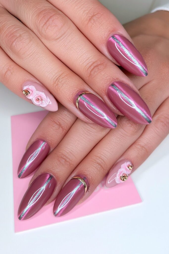 Dusty rose charcoal silver nails