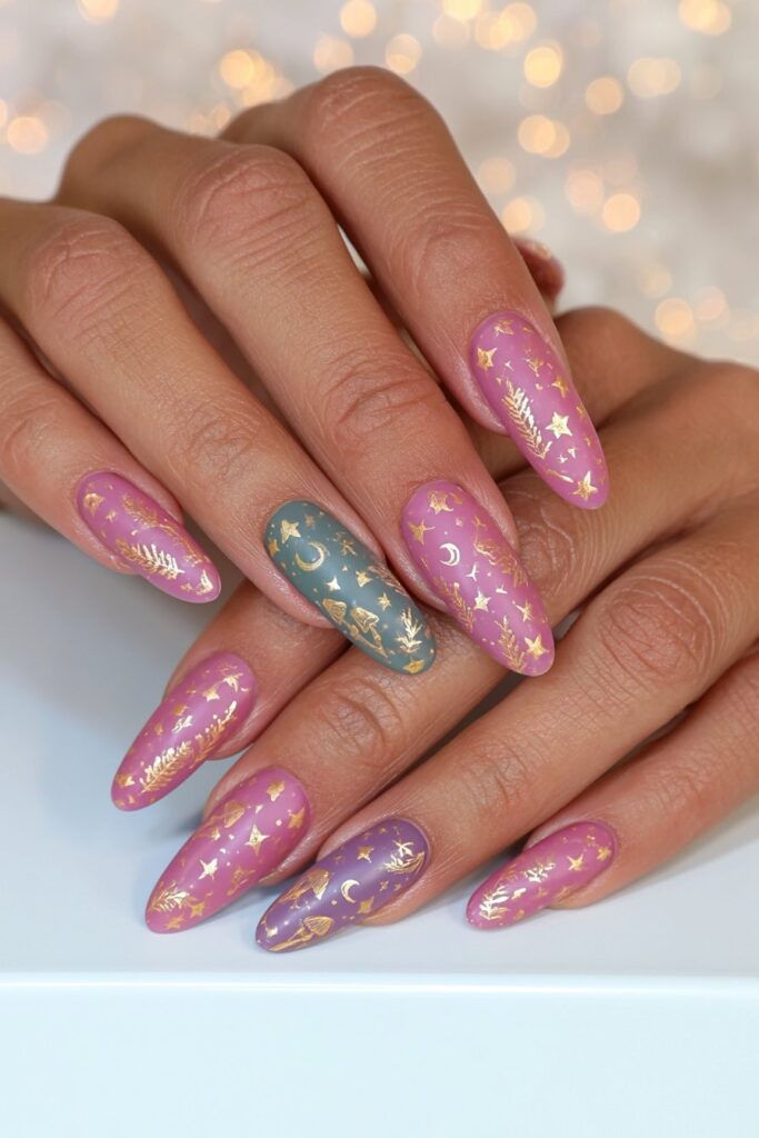 Earthy taupe botanical vine nails