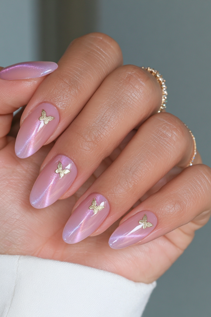 Glassy sheer pink cat-eye nails