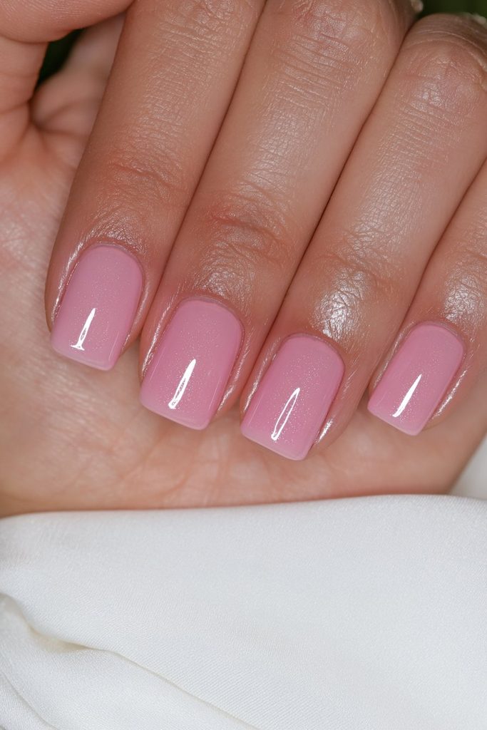 Short square glazed nails with glossy reflective pearl shine