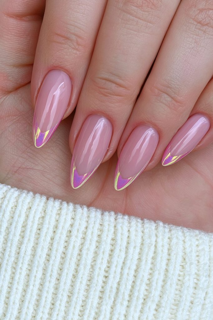Natural nails with glossy glazed tips and subtle shimmer