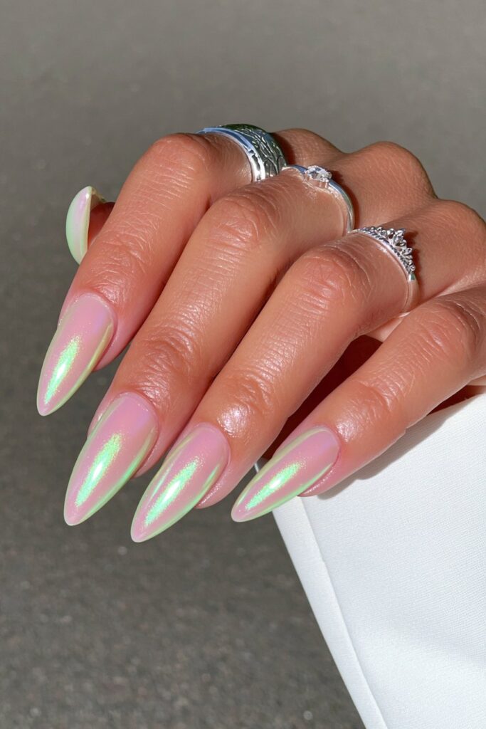 Glossy sage green almond nails