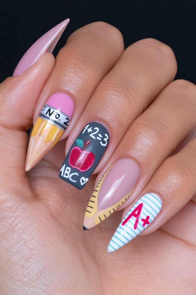 25 Back to School Acrylic Nails for Real Nail Art 26 Gold foil A+ report card nails