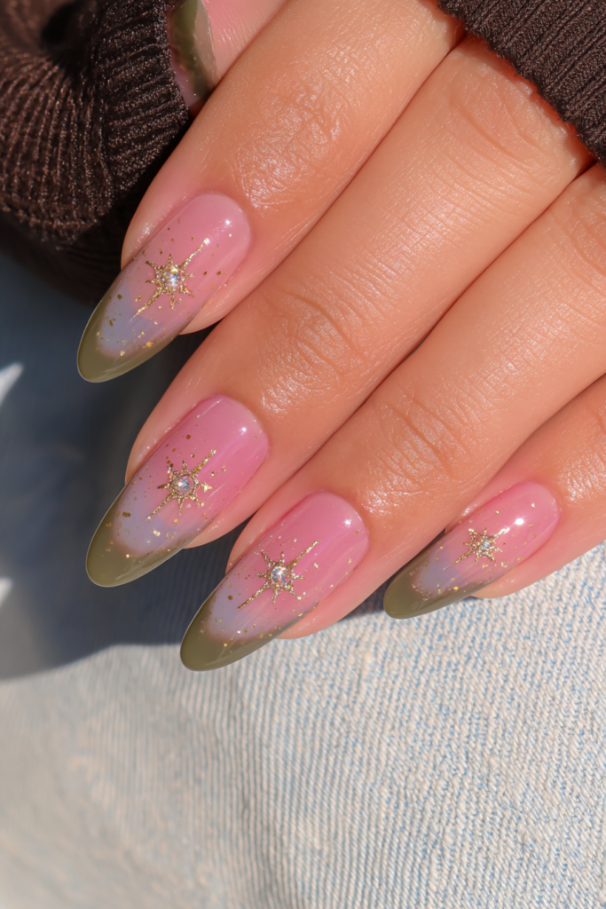 Chocolate almond nails with gold stars