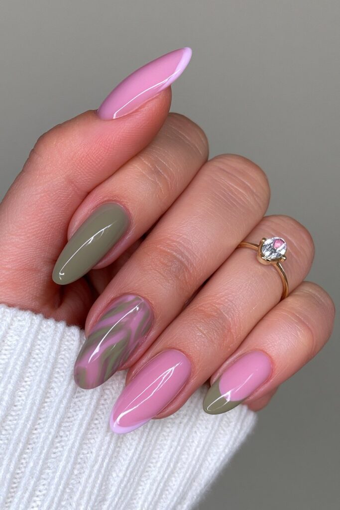 Green negative space brown nails