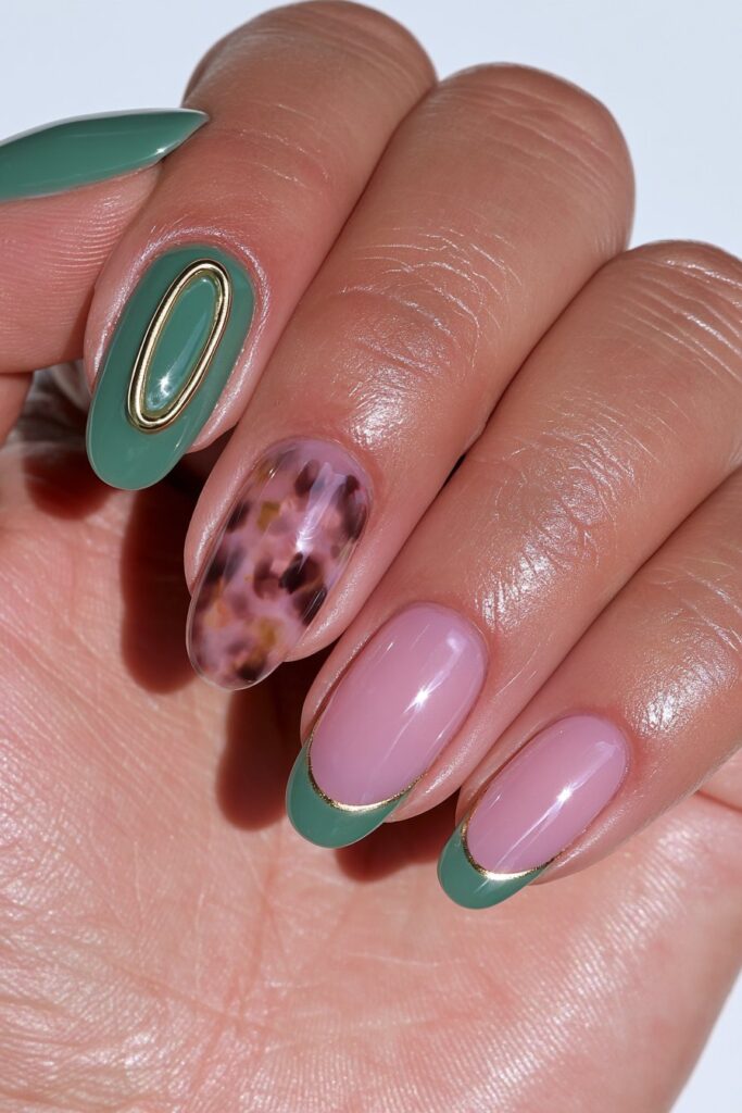 Green tortoiseshell brown undertone nails