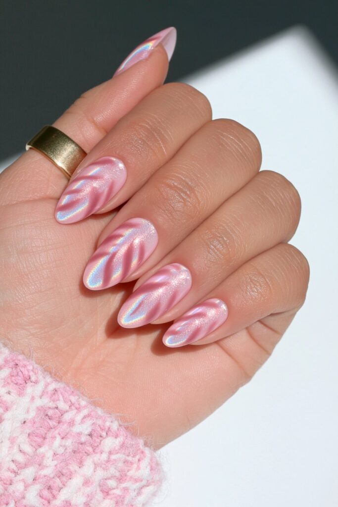 Holographic pink zebra cat-eye nails