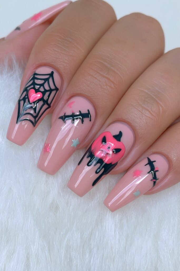 Hot pink spider web accent nails