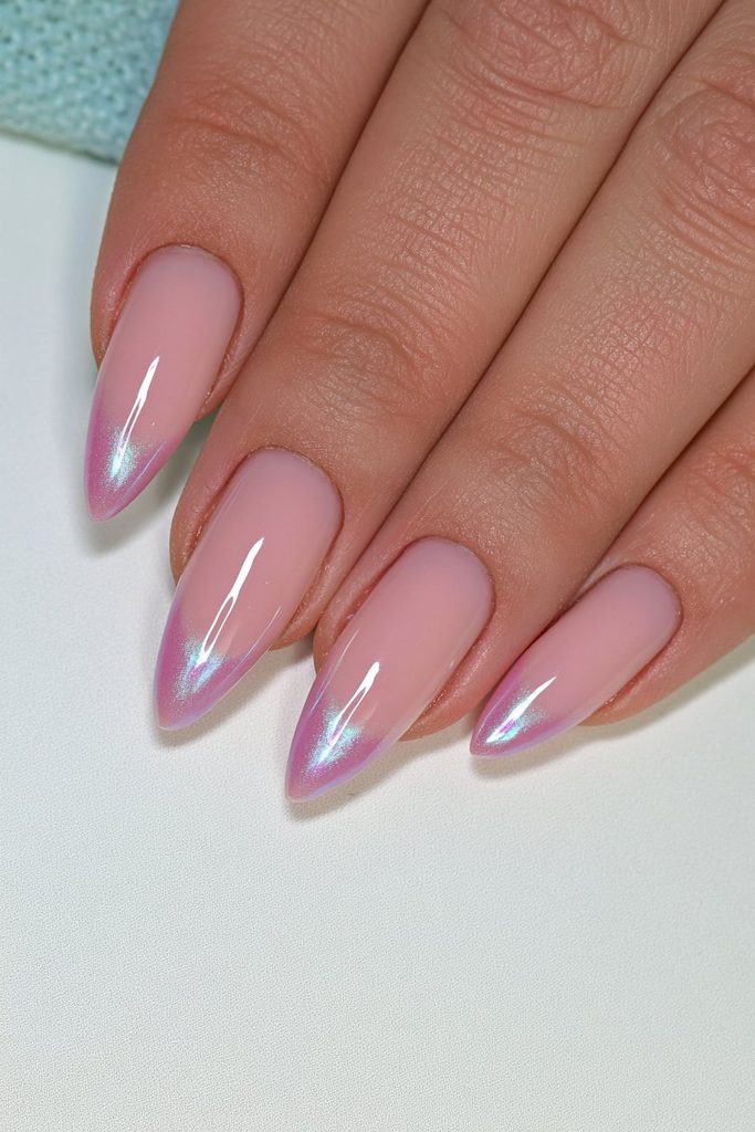 Soft lavender glazed donut nails with pearly reflective shine