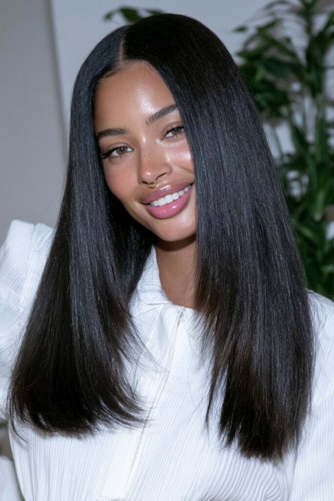 Sleek long wolf cut with flat iron