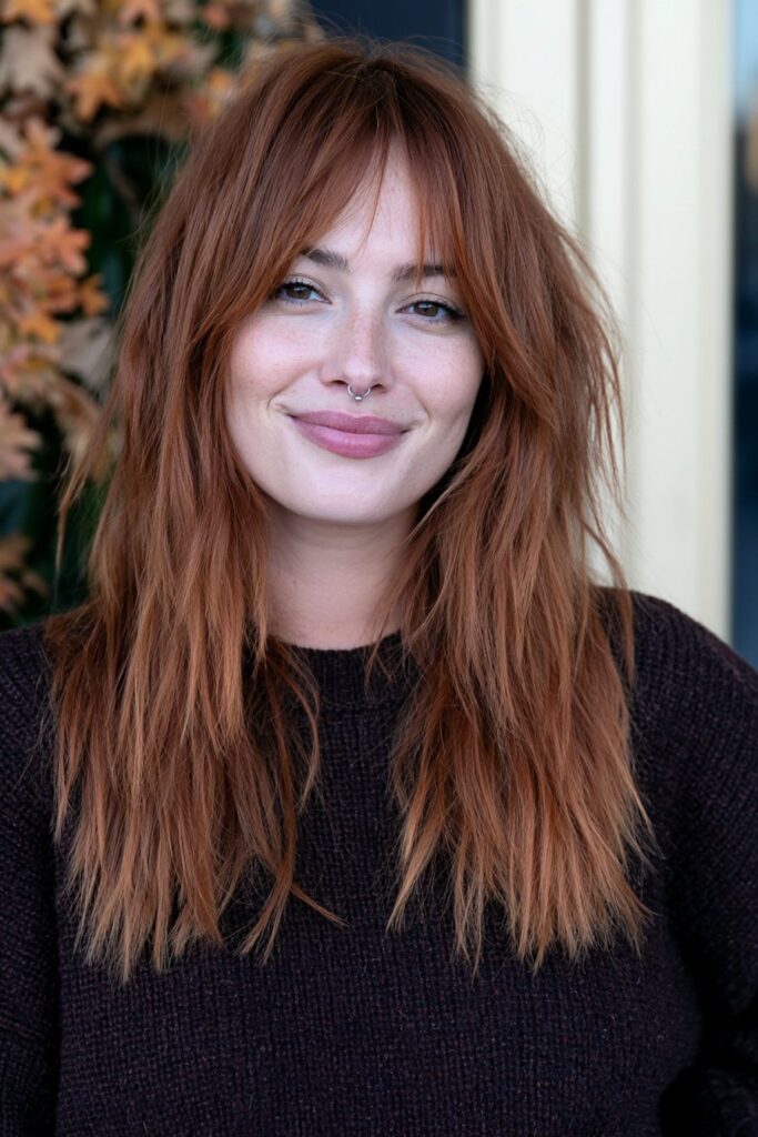 Long wolf cut with burnt orange color