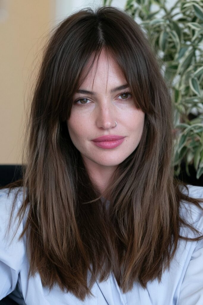 Long wolf cut with heavy curtain bangs