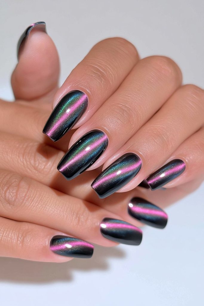 25 Almond Halloween Nails That Are Spooky, Not Over-the-Top 7 Charcoal magnetic cat-eye diagonal nails