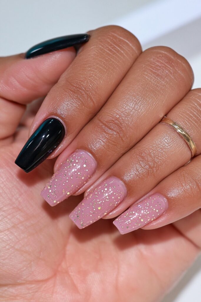 Matte black nude polka dot nails