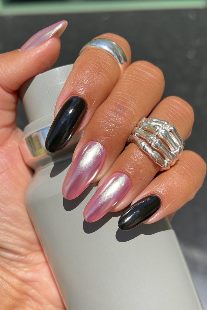 25 Almond Halloween Nails That Are Spooky, Not Over-the-Top 11 Matte black silver web nails