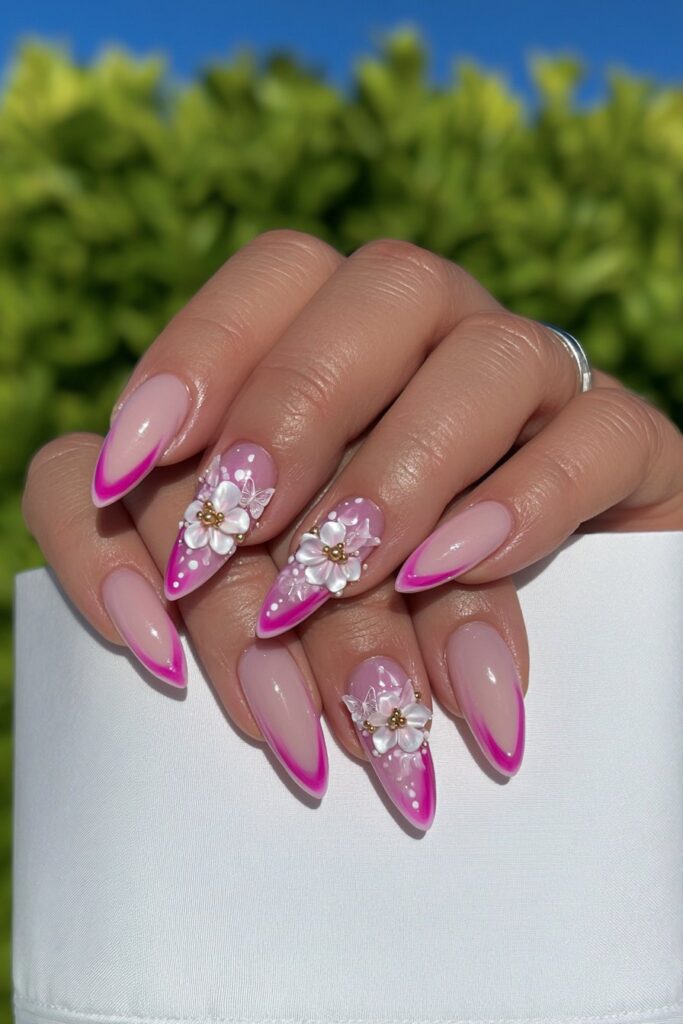 Milky pink 3D floral nails