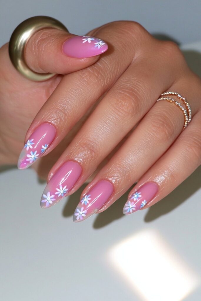 Milky pink floral accent nails