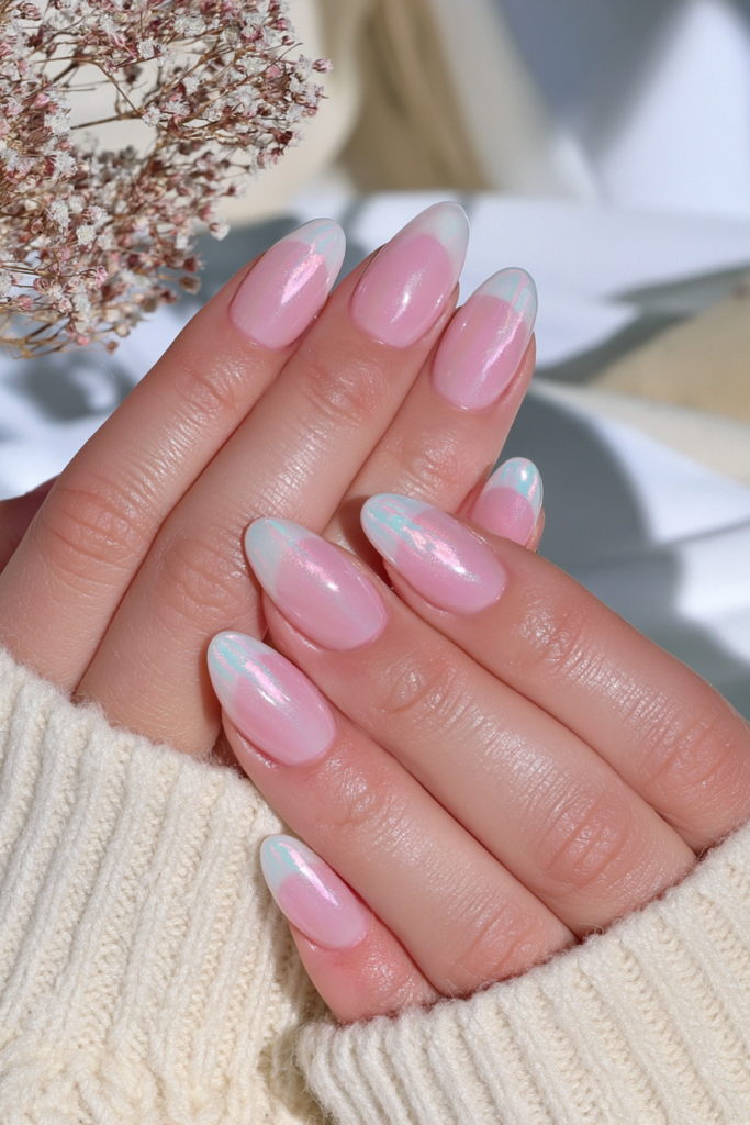Milky pink pearl half-moon nails