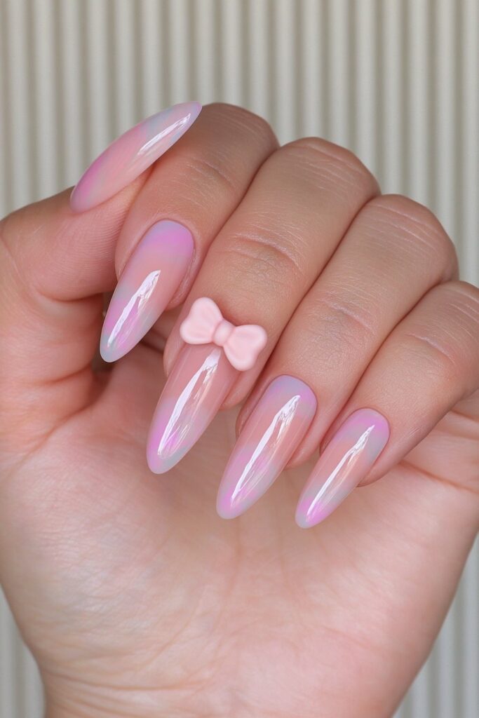 Milky pink swirl gem nails