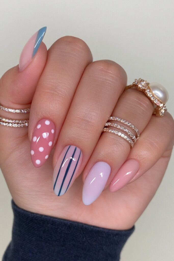 Milky pink blue mix nails