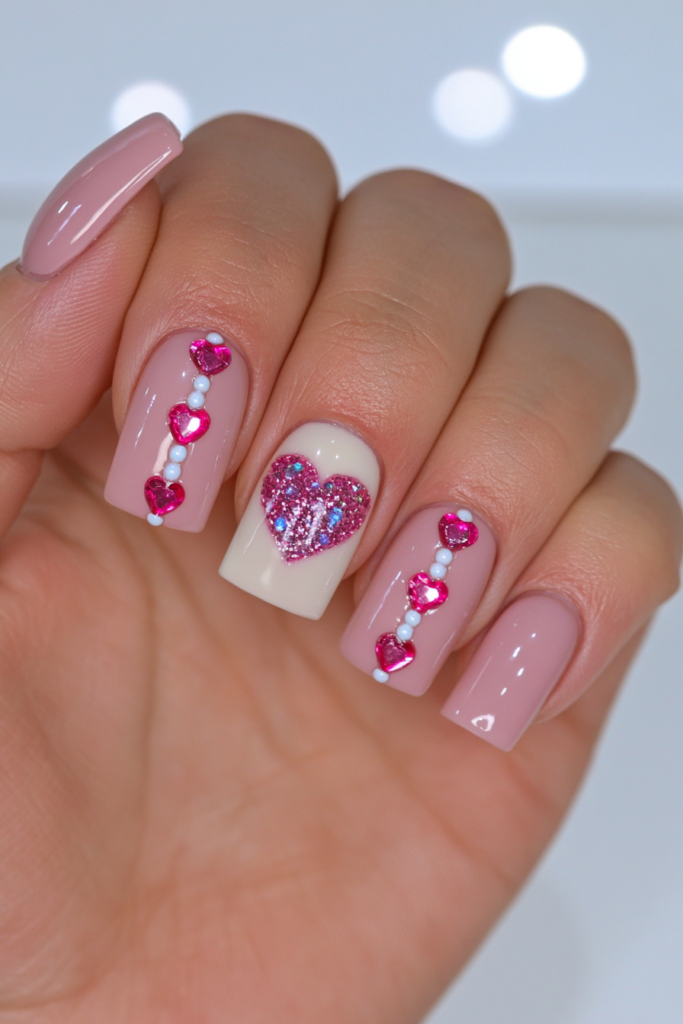 Milky pink heart sequin nails