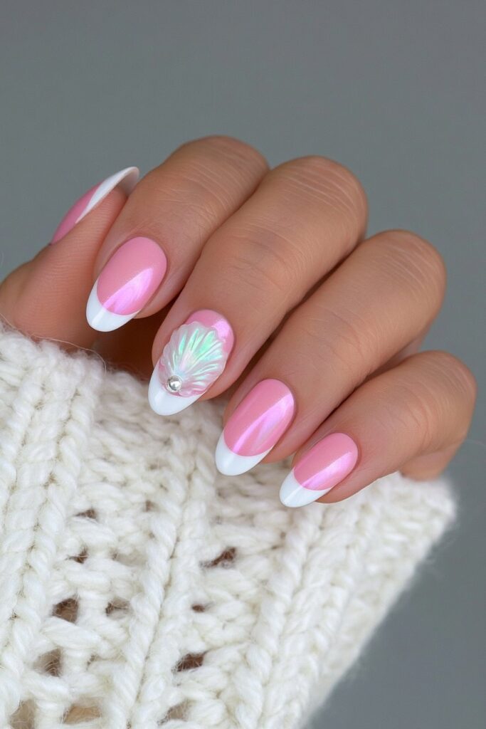 Milky pink chrome swirl nails