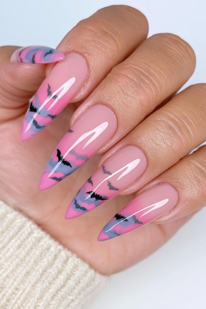 20 Pink Halloween Nails For This Spooky Season 4 Milky white bat accent nails