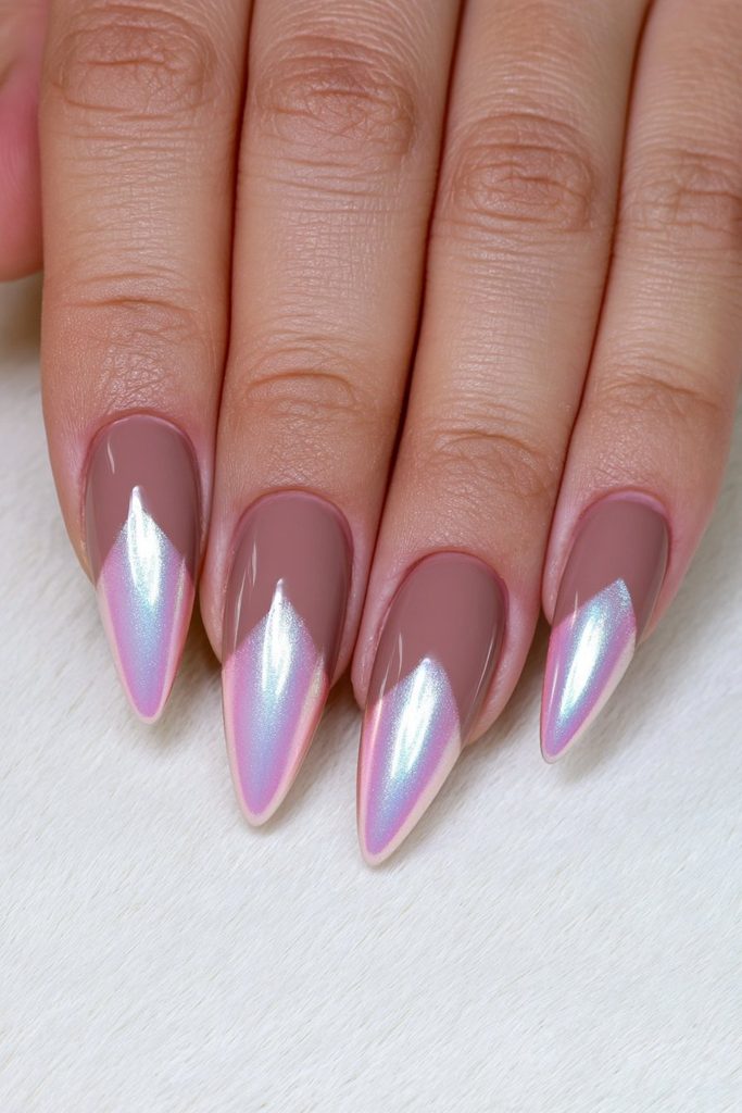 Mocha to chrome gradient nails with reflective glazed finish
