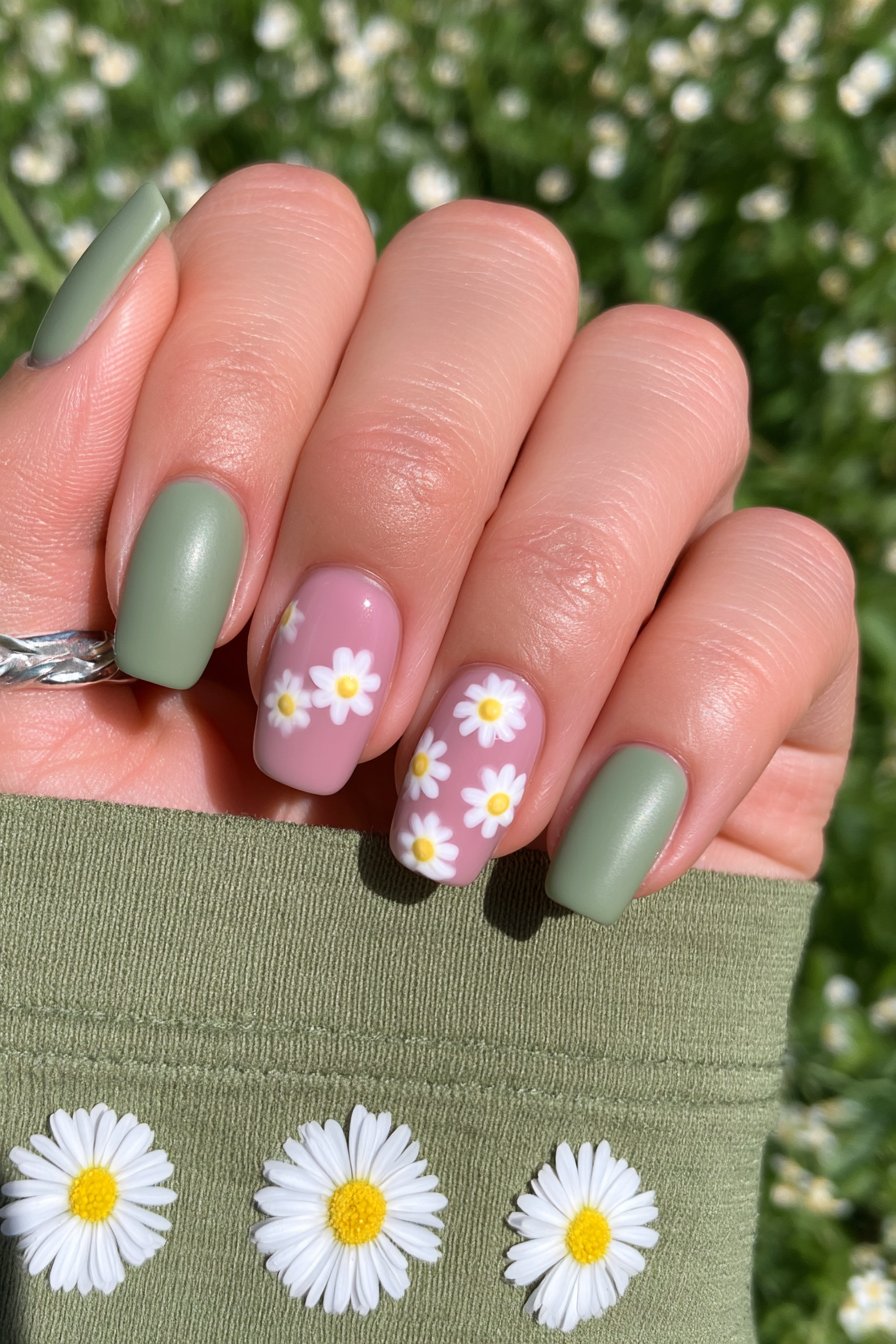 Moss Green Botanical Nails