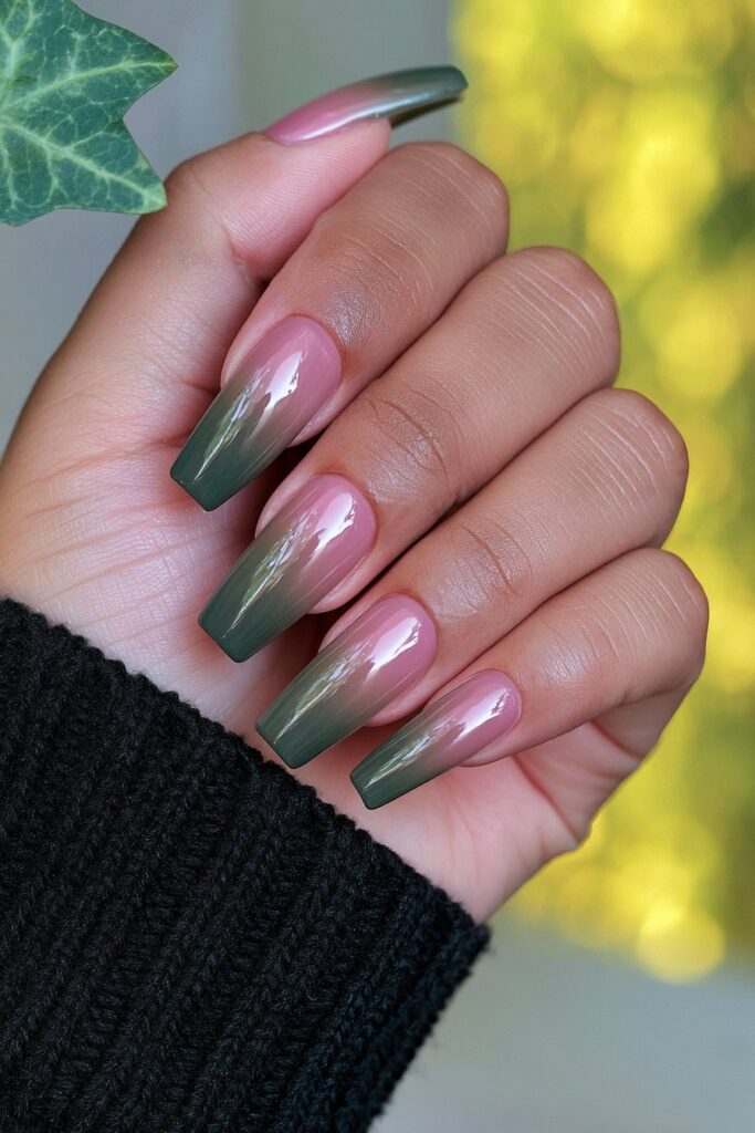 Moss green caramel ombré nails
