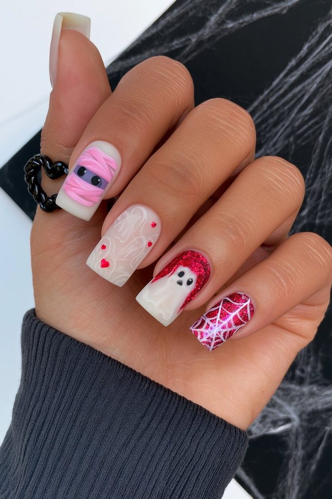 25 Almond Halloween Nails That Are Spooky, Not Over-the-Top 24 Mummy wrap bandage nail design