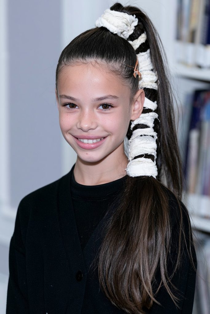 Mummy wrap ponytail Halloween hairstyle