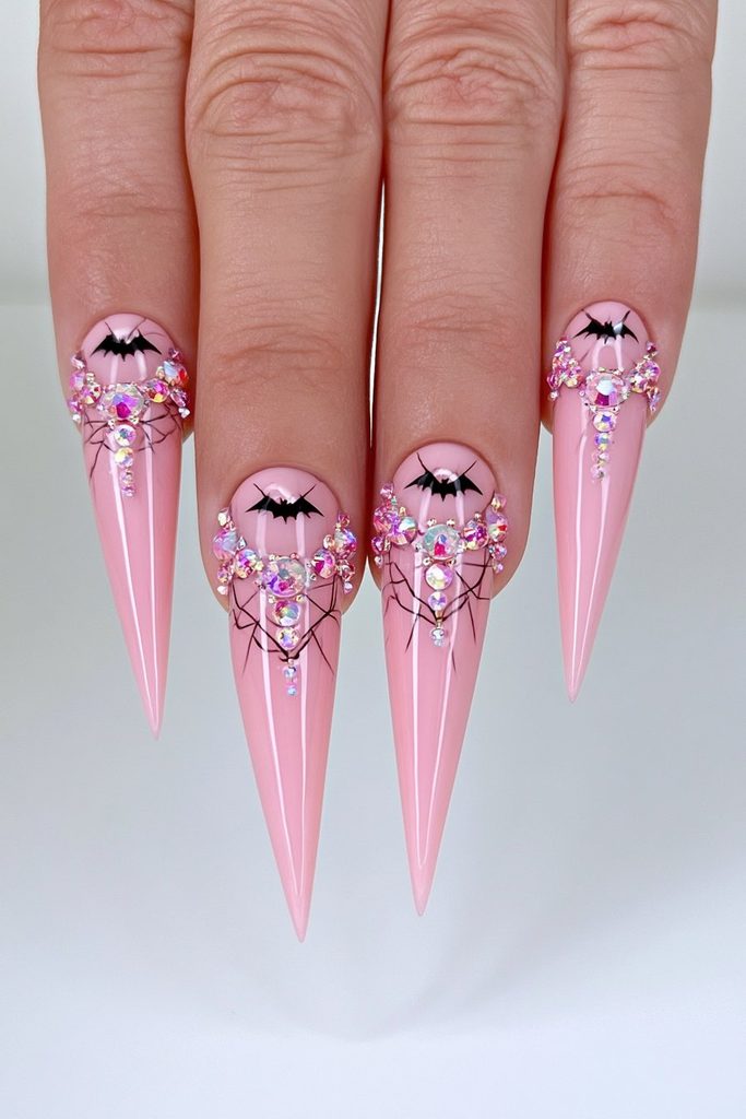 20 Pink Halloween Nails For This Spooky Season 11 Neon pink bedazzled stiletto nails