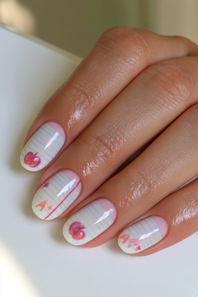 25 Back to School Acrylic Nails for Real Nail Art 10 Notebook stripe apple A+ nails