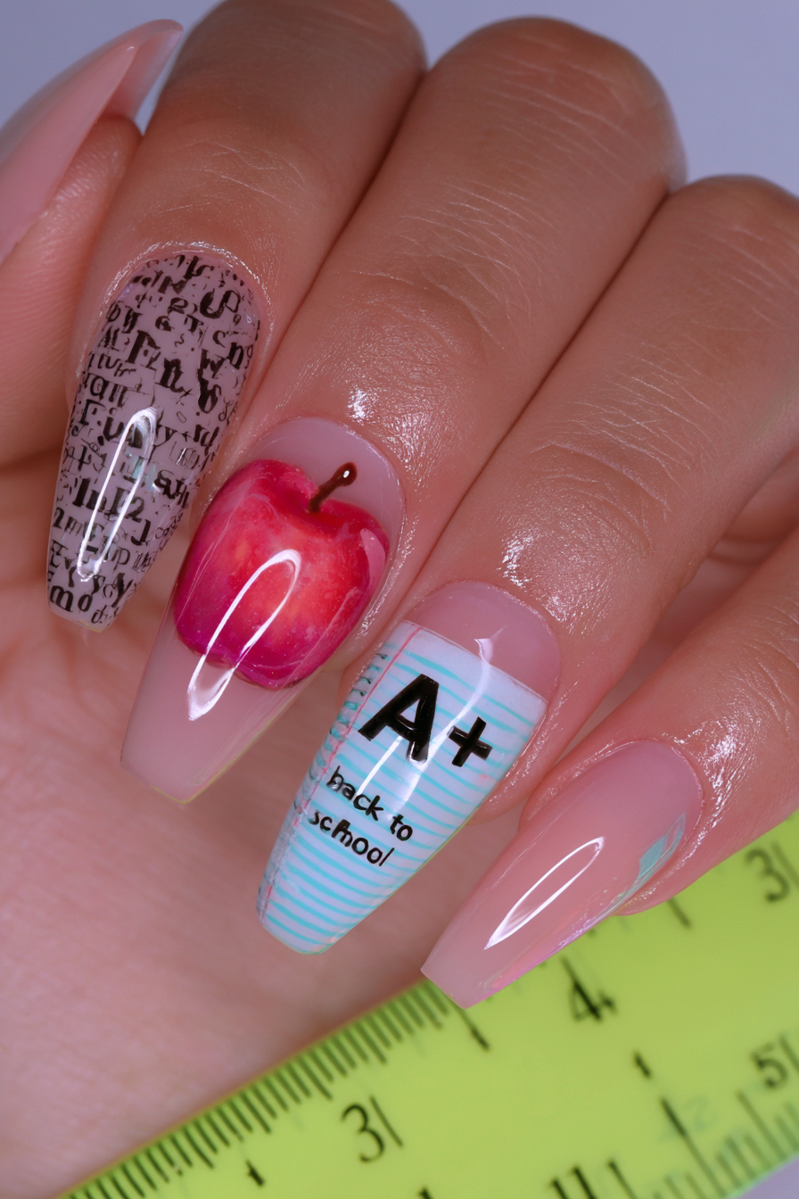 25 Back to School Acrylic Nails for Real Nail Art 1 Notebook Stripe Round Nails with Apple A Accent