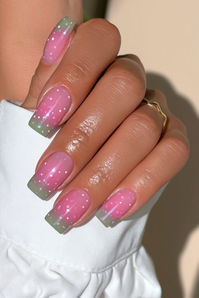 Olive green gold dot nails