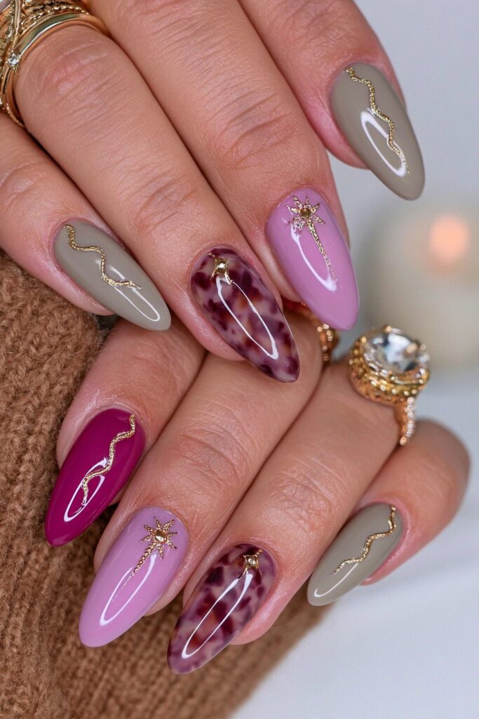 Olive green brown marble nails