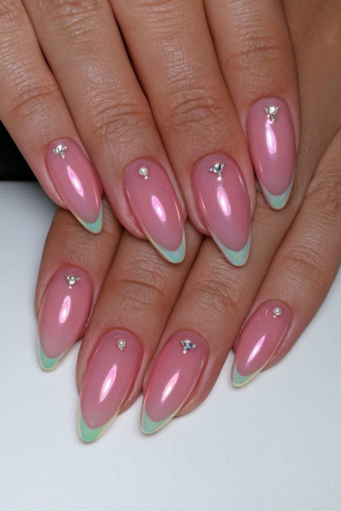Opalescent glazed nails with delicate sparkling gem accent details