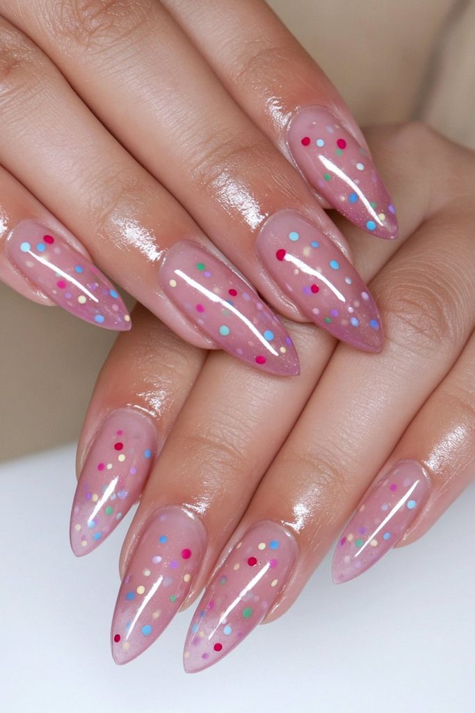 25 Almond Halloween Nails That Are Spooky, Not Over-the-Top 5 Orange lilac pink confetti dot nails