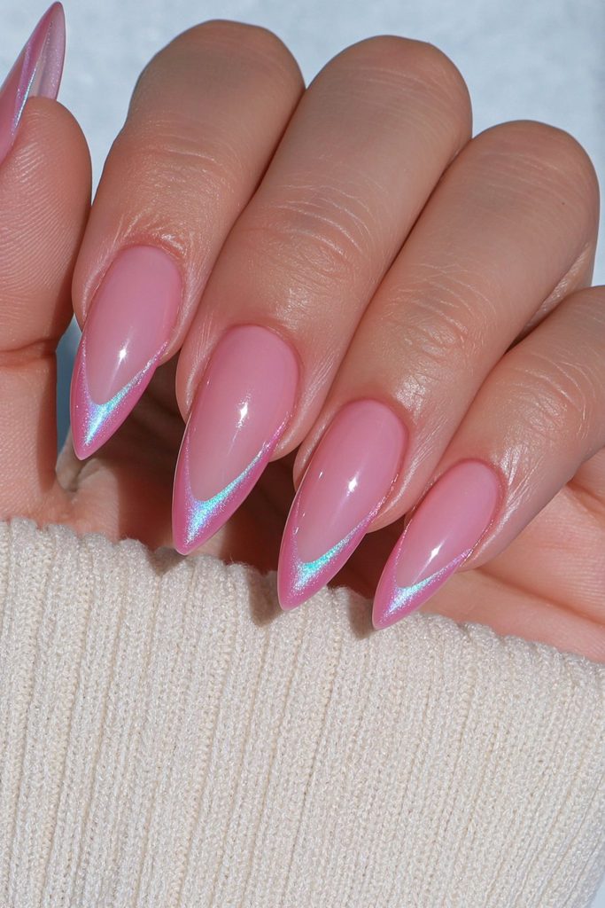 Pale pink sheer velvet nails with delicate shimmer