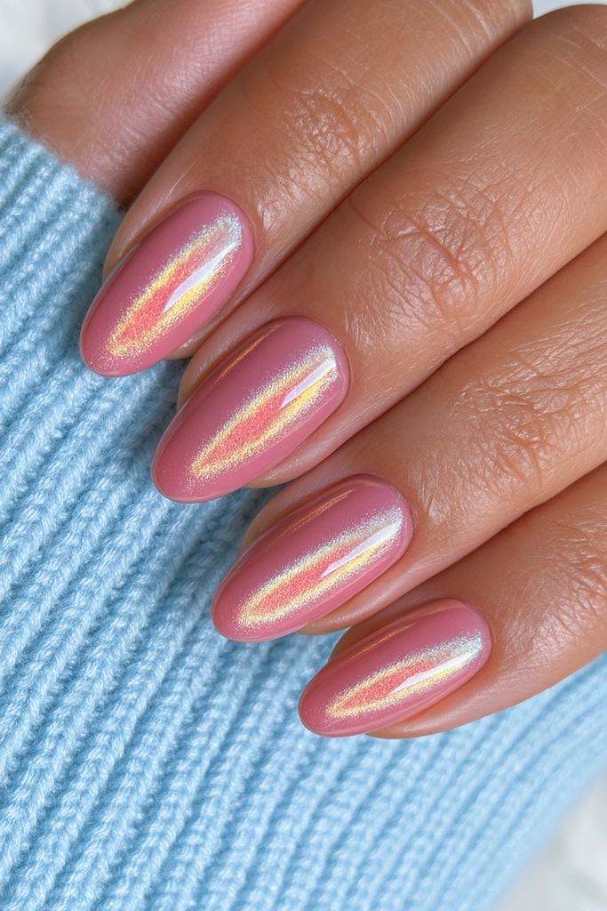 Papaya-toned velvet nails with warm luminous magnetic shimmer